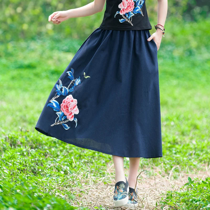 

KYQIAO faldas mujer moda 2019 women long ethnic skirts female autumn spring Mexico style long blue black red floral skirt