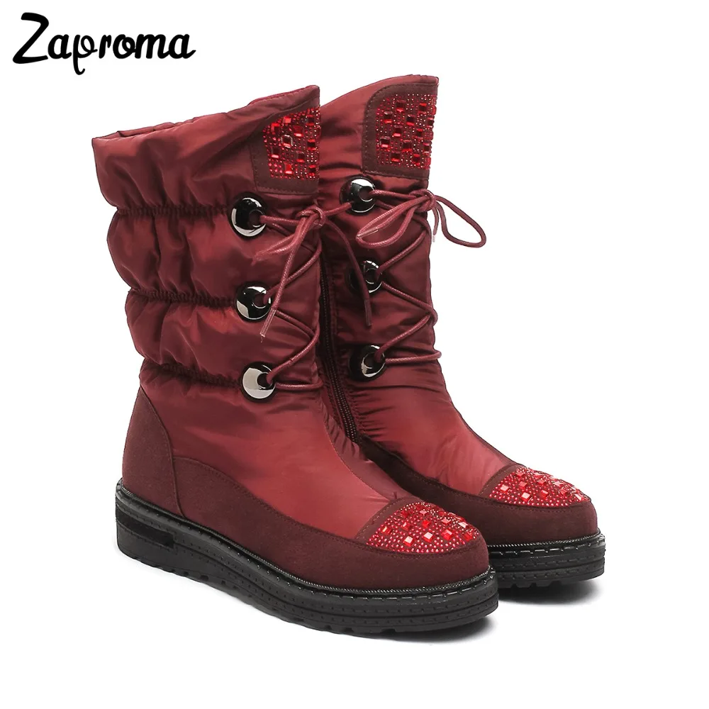 

Zaproma 2018 New Winter Snow Boots Shoes Woman Fashion Rhinestone Warm Down Boots Waterproof Shoes Pleated Style Mid-calf Boots