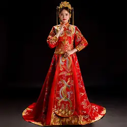 Восточный Азиатский невесты красота китайское традиционное свадебное платье для женщин красный цветочный вышивка Cheongsam халат Длинные