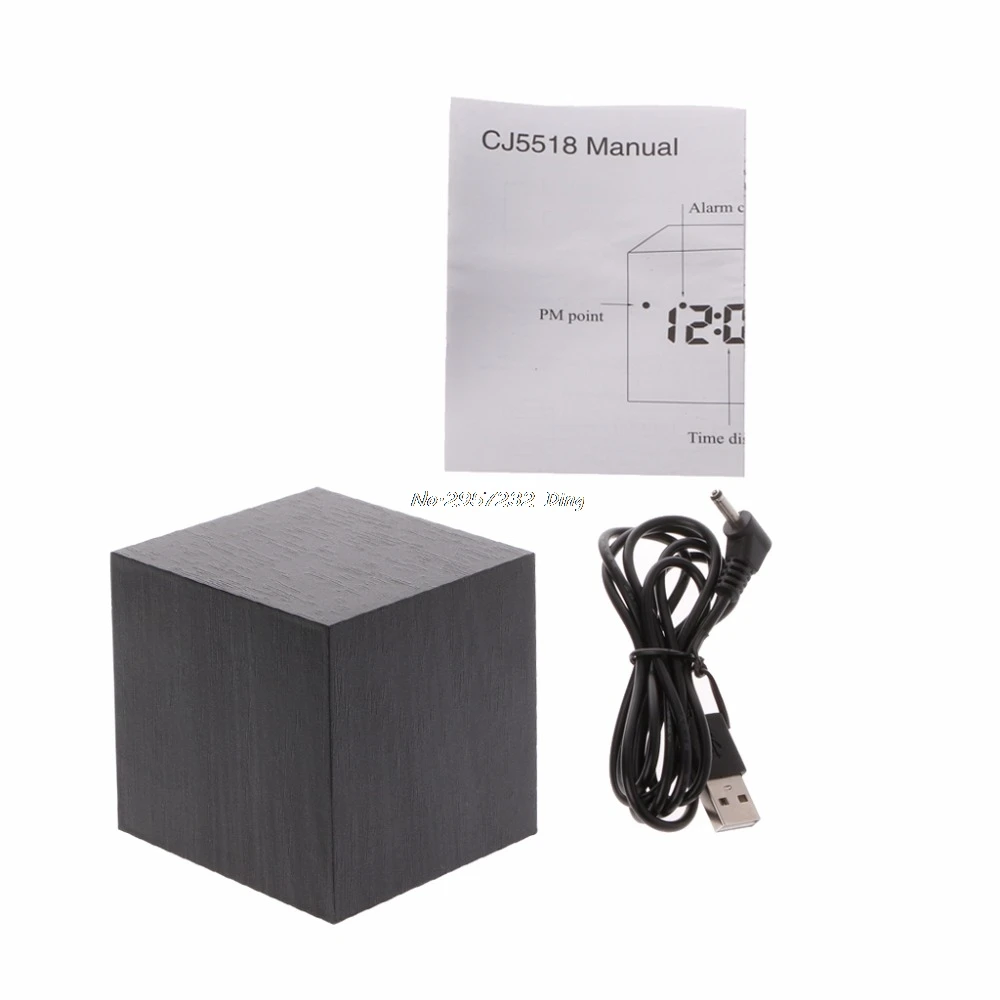 Cube LED Wooden Alarm Clock Sound Control Square Table Digital Thermometer Clock CHE9