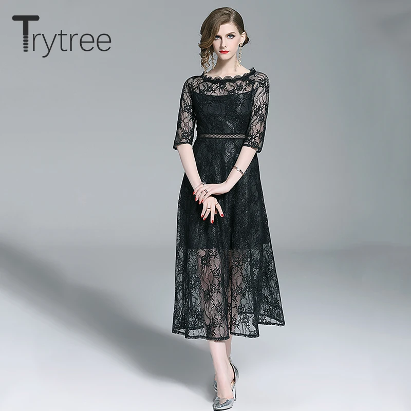Trytree Лето Осень Элегантное ТРАПЕЦИЕВИДНОЕ одноцветное платье кружевное Плиссированное с o-образным вырезом полиэфирное повседневное женское платье открытое офисное женское платье