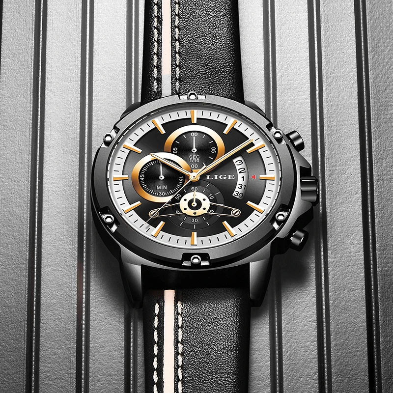 2019 Erkek Kol Saati LIGE New Mens Watches Top Brand Luxury Fashion Quartz Clock Men Casual Leather Black Sport Waterproof Watch