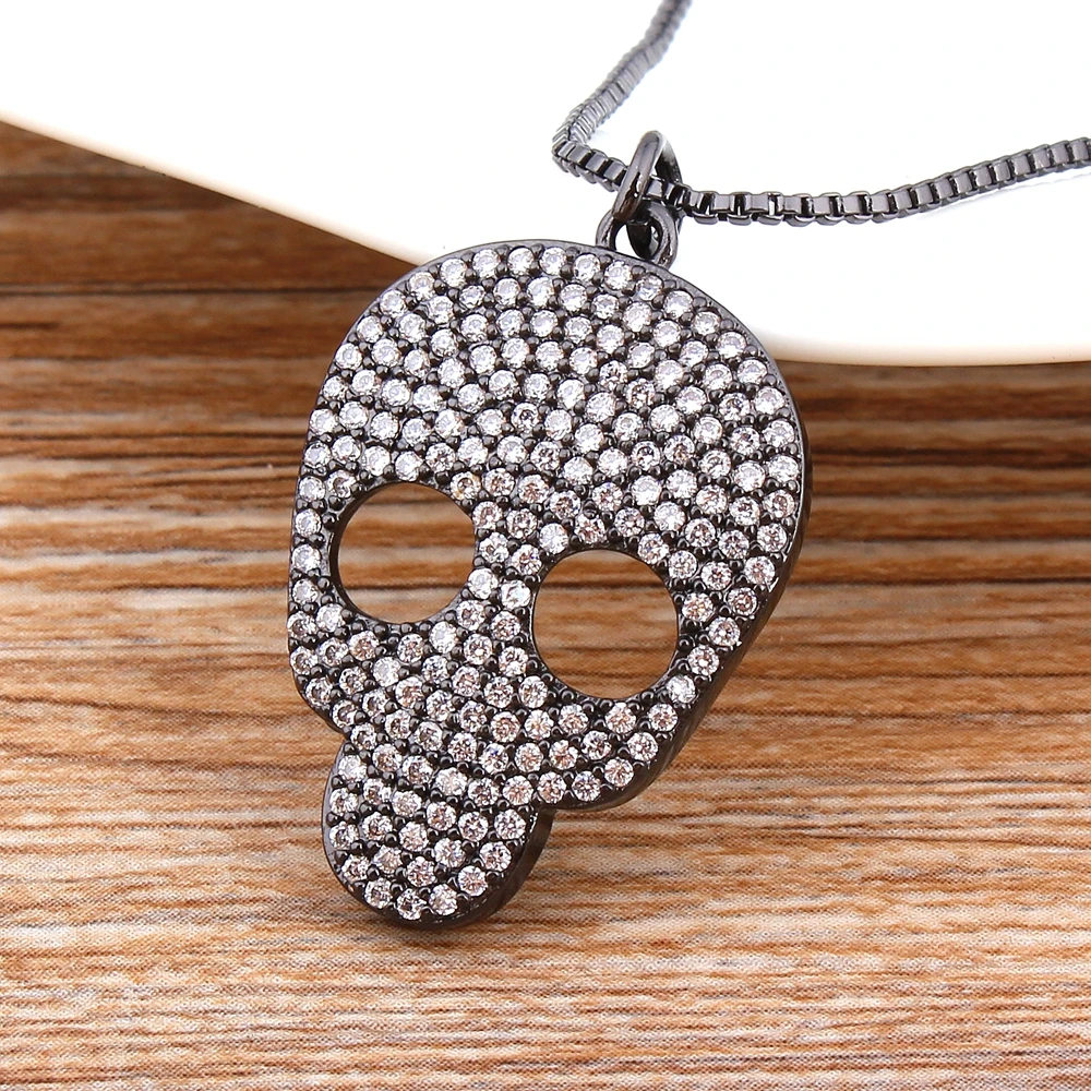 

Hot Sale Link Chain Micro Pave CZ Clear Cubic Zirconia Skull Skeleton Charm Delicate Necklace Fine Jewelry Pendant For Women Men