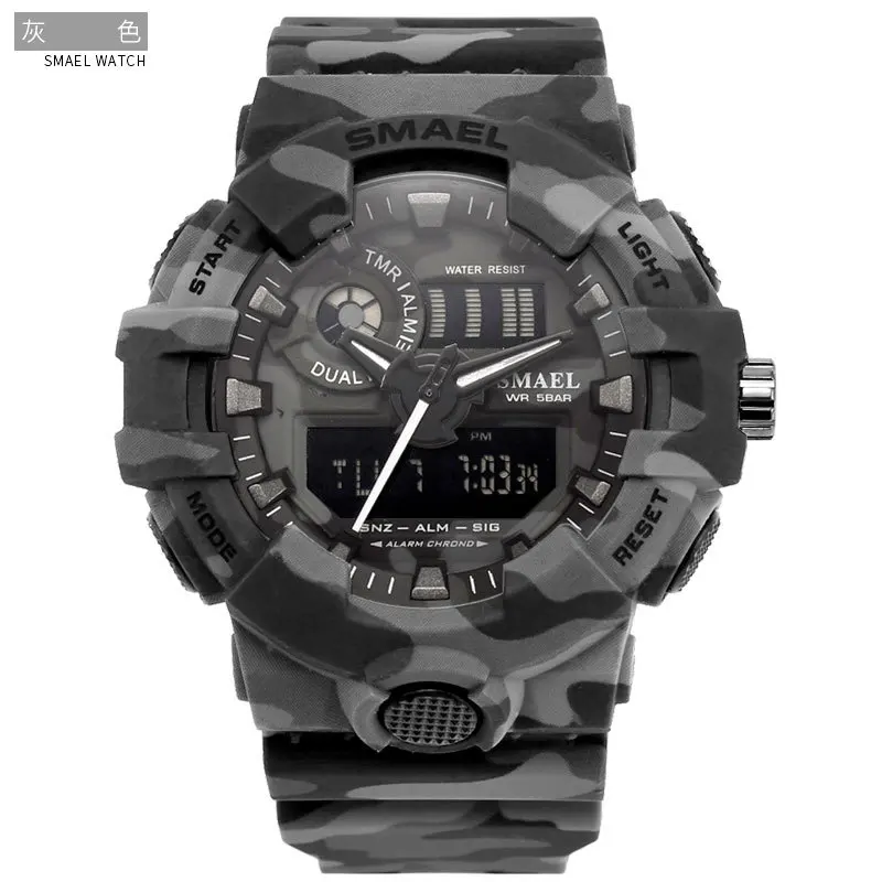 Лидирующий бренд класса люкс SMAEL светодиодный цифровой кварцевые часы для мужчин камуфляж водонепроницаемый ударопрочный для мужчин s спортивные часы Relogio Masculino S - Цвет: Gray