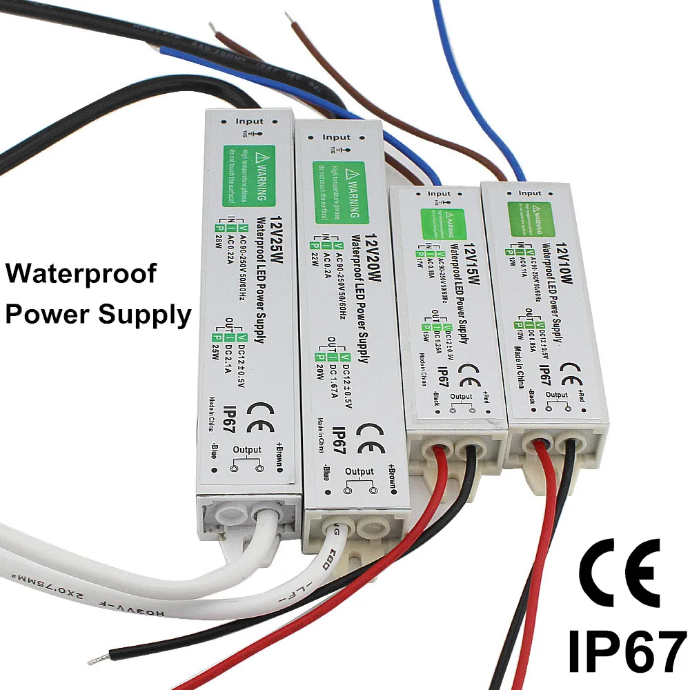 Водонепроницаемый IP67 светодиодный Driver переменного тока в Dc 12 V 10 W 15 W 20 W 25 30 W 36 W 45 W 50 W 60 W 80 W 100 W 120 W 150 W Питание для светодиодный полосы света