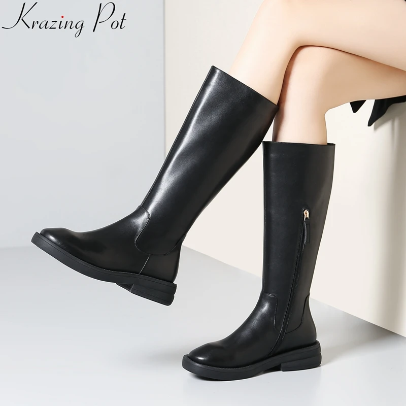 

Krazing Pot 2019 superstar cow leather zipper med heel winter shoes round toe knee high boots women riding thigh high boots L10
