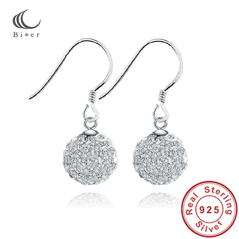 925 Sterling Silver Earrings Round Ball Crystal Rhinestone Dangle Ear