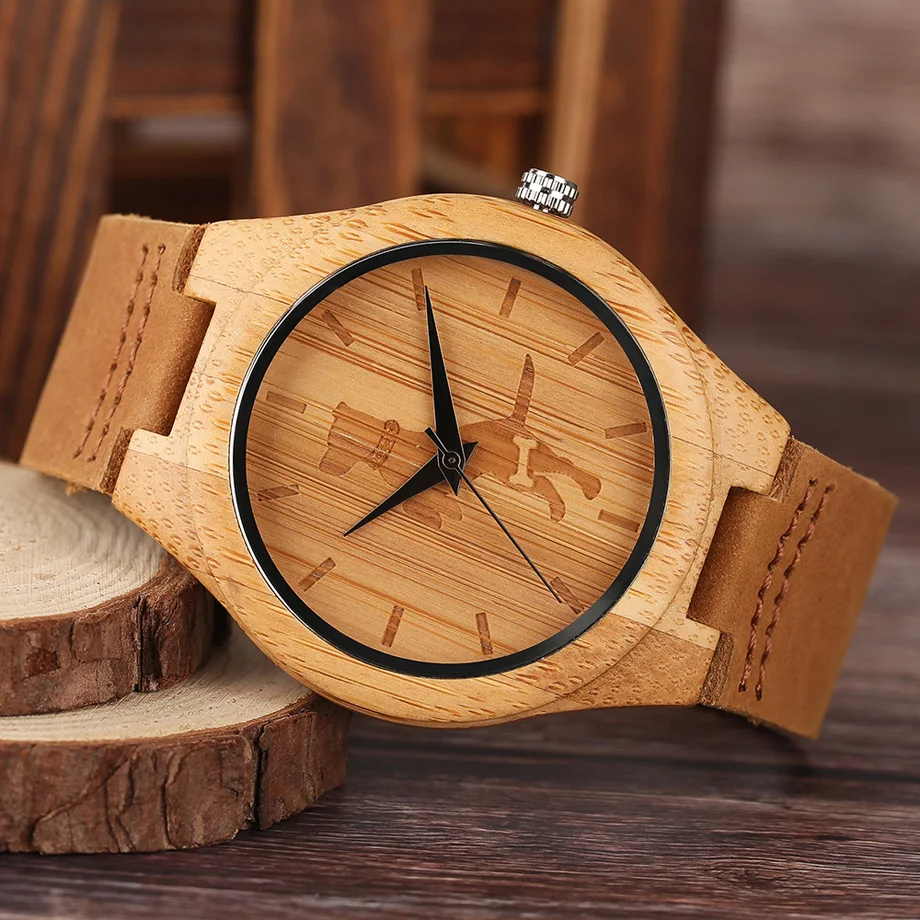 High Quality Men Wood Watch Natural Bamboo Wooden Handamde Lighweight Quartz Wristwatch CatDog Pattern Cute Animal Clock (33)