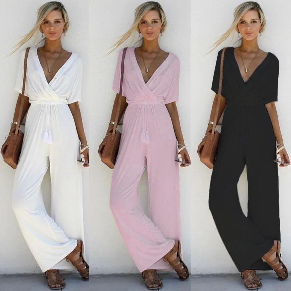 

Women Casual Jumpsuit Elegant V Neck Loose daily Brief easy long Playsuit summer Party beach Short Sleeve Modis Long Rompers#ssw