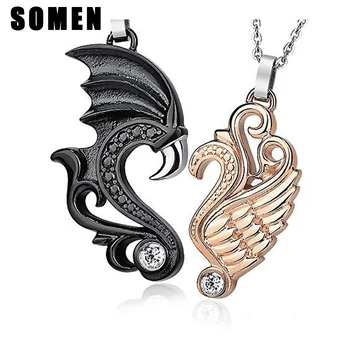 

Black Rose Gold Angle Devil Wings Pendant Necklace Stainless Steel Couples Heart Love Pendants Necklaces For Lover His & Hers