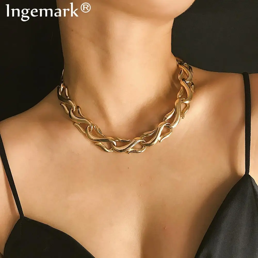 

Ingemark Punk Miami Cuban Choker Necklace Collar Statement Hip Hop Heavy Metal Aluminum Thick Chain Necklace Female Chain Gift