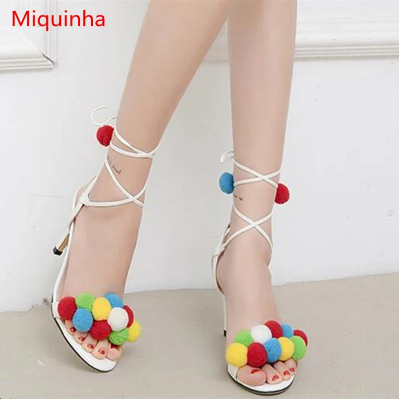 

Miquinha Colorful Fur Ball Design Women Gladiator Cross Tie Sweet Style Women Summer Shoes Open Toe High Thin Heel Women Sandals