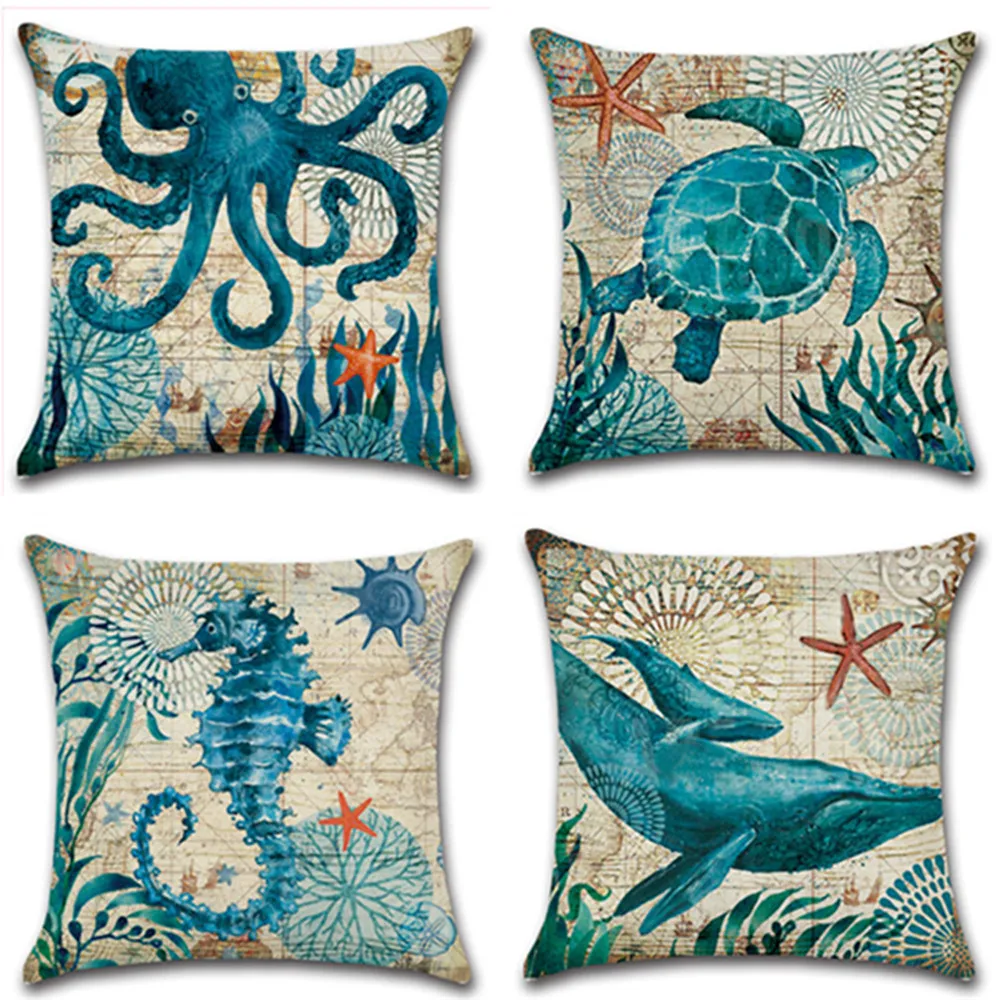 

Sea Turtle Printing Cushion Cover Marine Ocean Animal Patterns Sea Horse Octopus Pillow Case Linen Home Sofa Decor Pillowcase