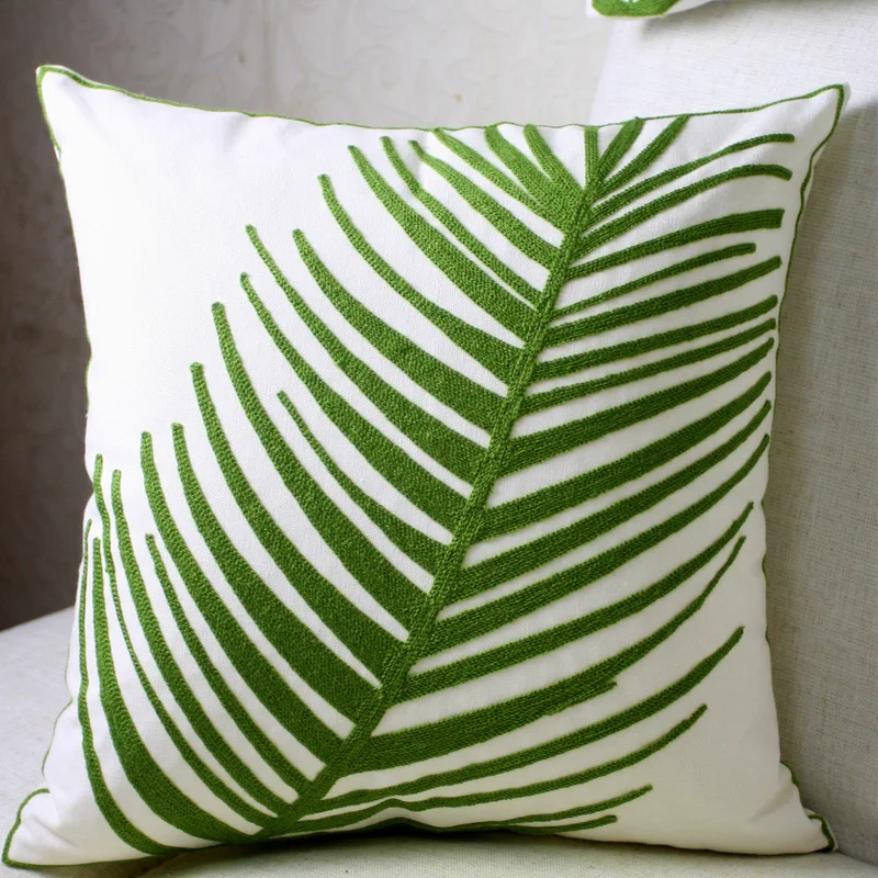 Зеленая вышитая наволочка для подушки с геометрическими листьями Марокканская Подушка Чехол с вышивкой для дивана простой домашний Декор 45*45 см