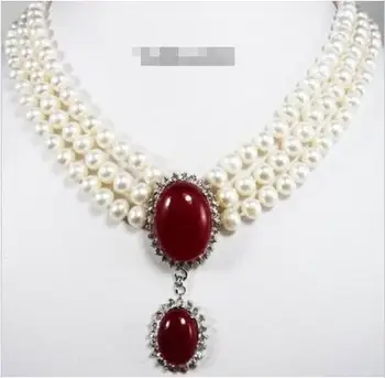 

Hot sale new Style >>>>>3 Rows Real White Pearl Red stone 18KWGP Crystal Clasp Pendant Necklace