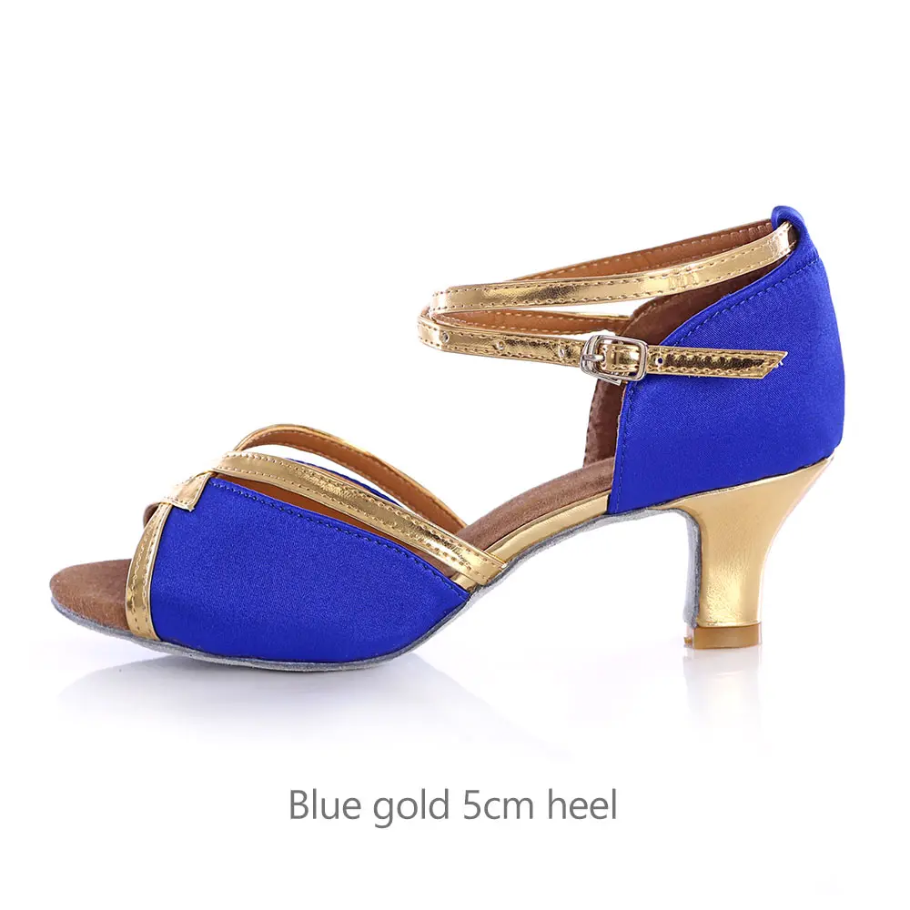 Женская обувь для латинских танцев, танцевальная обувь для бальных танцев, танго, сальсы, женская обувь черного цвета на высоком каблуке 5 см/7 см, танцевальная обувь с мягкой подошвой для девушек - Цвет: blue gold 5cm heel