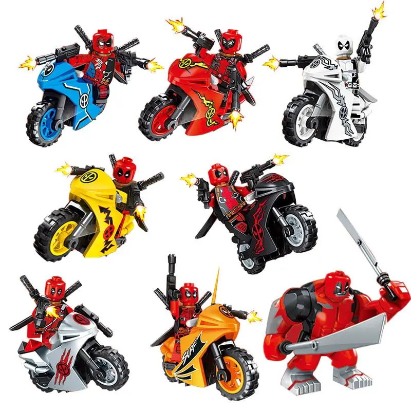 

1set of Super Heroes Deadpool 2 Movies With Weapon Motorcycle Assemblage Building Blocks For Children Toys Best Gift