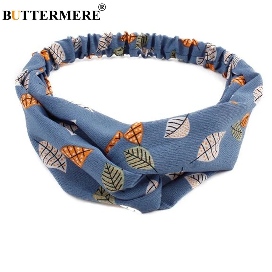 

BUTTERMERE Hair Accessories For Women Leaf Print Headband Female Blue Retro Hair Band Twist Knot Elastic Headwear Boho Headwrap