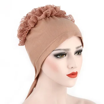 

Muslim Flower Solid Color Women Lace Turban Indian Headwrap Cap