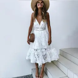 Женское летнее кружевное платье с v-образным вырезом и пуговицами, повседневное белое платье, уличная одежда, платье миди с открытой спиной