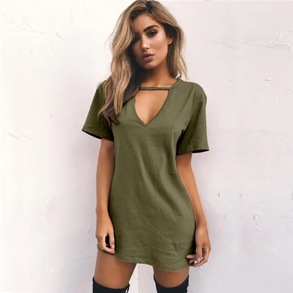 Rogi t-shirt Vestidos, летнее платье-футболка с v-образным вырезом, женские вечерние платья с коротким рукавом, женские белые и черные платья, топы, женская одежда 3XL - Цвет: Army Green