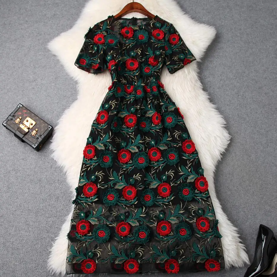 Runway Designer Women Dress Spring Summer Fashion Short Sleeve Flower Embroidery printed a-line party Dress