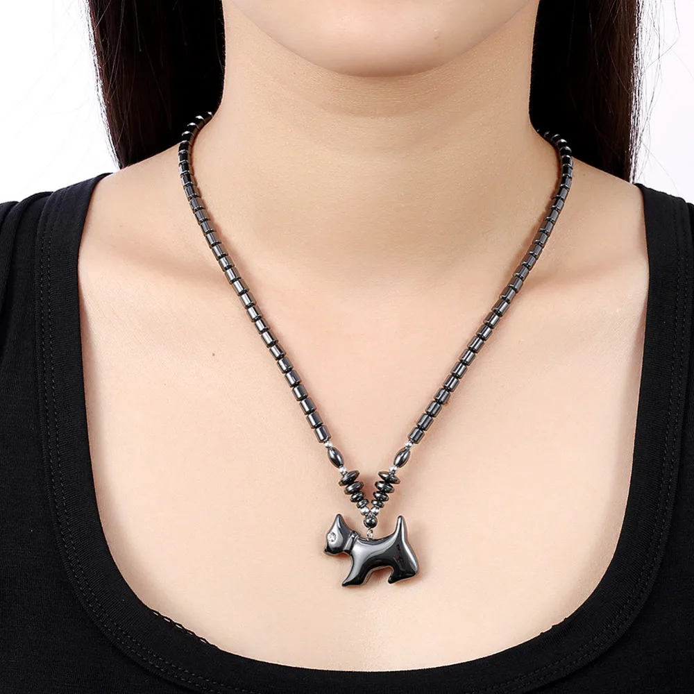 Natural Ironstone Dog Pendant Chain Long Necklace for Women Vintage