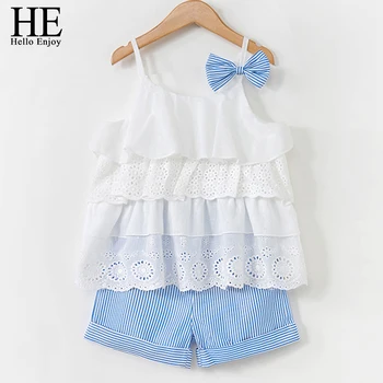 

HE Hello Enjoy Girls Clothing Sets 2019 Summer Kids Clothes Solid Bowknot Hollow out Vest+Striped Shorts Suit Children Clothing