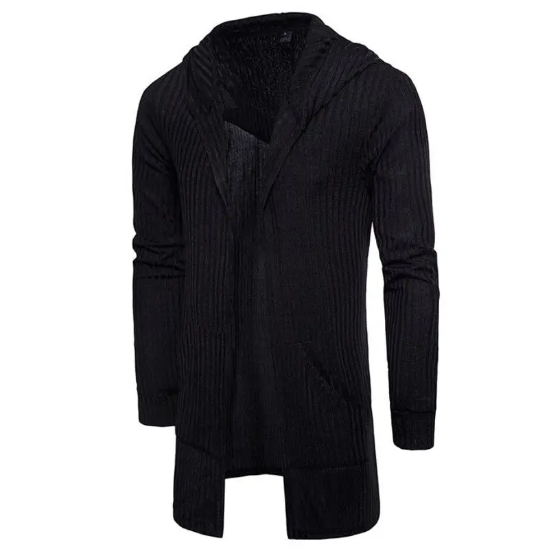 Autumn Men Hooded Cardigan Sweater Casual Long Knit Outwear Stylish Full Sleeve Tops - Цвет: Черный