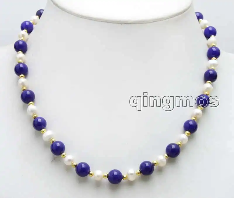 

6-7mm White Natural freshwater Pearl & 8mm Round Blue beads 17'' Necklace -nec6047 wholesale/retail
