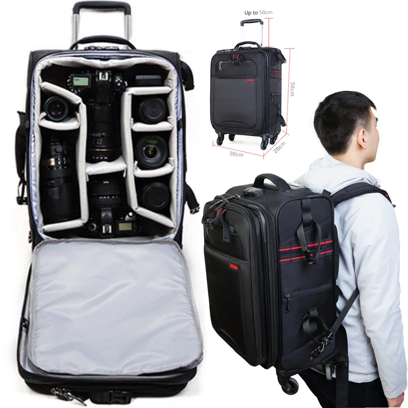 24'' 58cm Pro Large Camera Trolley Backpack Bag Rolling Wheeled Suitcase Max for 2*DSLR + 7*Lens Travel Photographer Photo Video