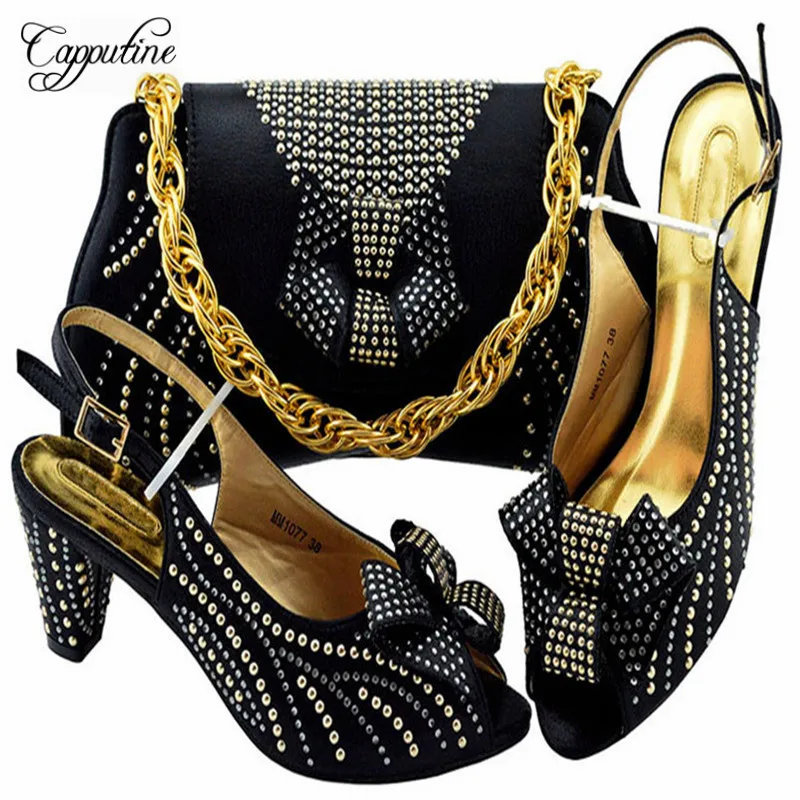 

Capputine African Black Color Woman Shoes And Bags Set High Quality Summer Pumps 6.5CM Shoes And Bag Set For Party Size 38-43