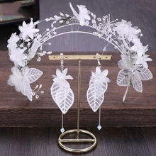 FORSEVEN Женские Ювелирные наборы белый текстиль цветок лист тиары кисточкой серьги набор хрустальные бусины свадебные аксессуары для волос JL