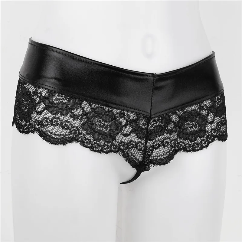 MSemis Women Sexy Open Butt Lingerie Floral Lace Splice G-string Thong Crotchless Bikini Leather Underwear Women Sexy Panties