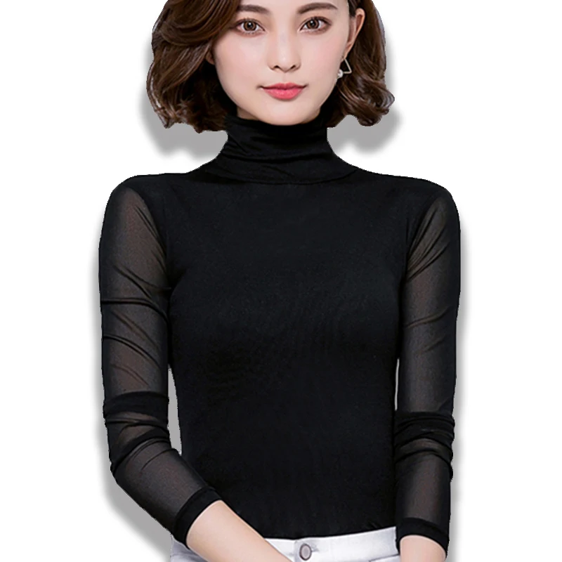 

Sexy Mesh Blouse Women Turtleneck Long Sleeve Tops Elasticity Black Shirt Silm Blusas Mujer De Moda 2019 Casual Tight Shirts New