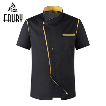 

Men Oblique Collar Single Breasted Short Sleeve Patchwork Chef Jacket Kitchen Cuisine Work Uniforms Summer Tops Cook T-shirts