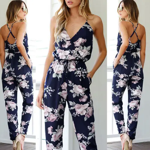 

Women Clubwear Summer Playsuit Bodycon Party Jumpsuit Floral V Neck Bandage Romper Trousers Long Pants S-2XL