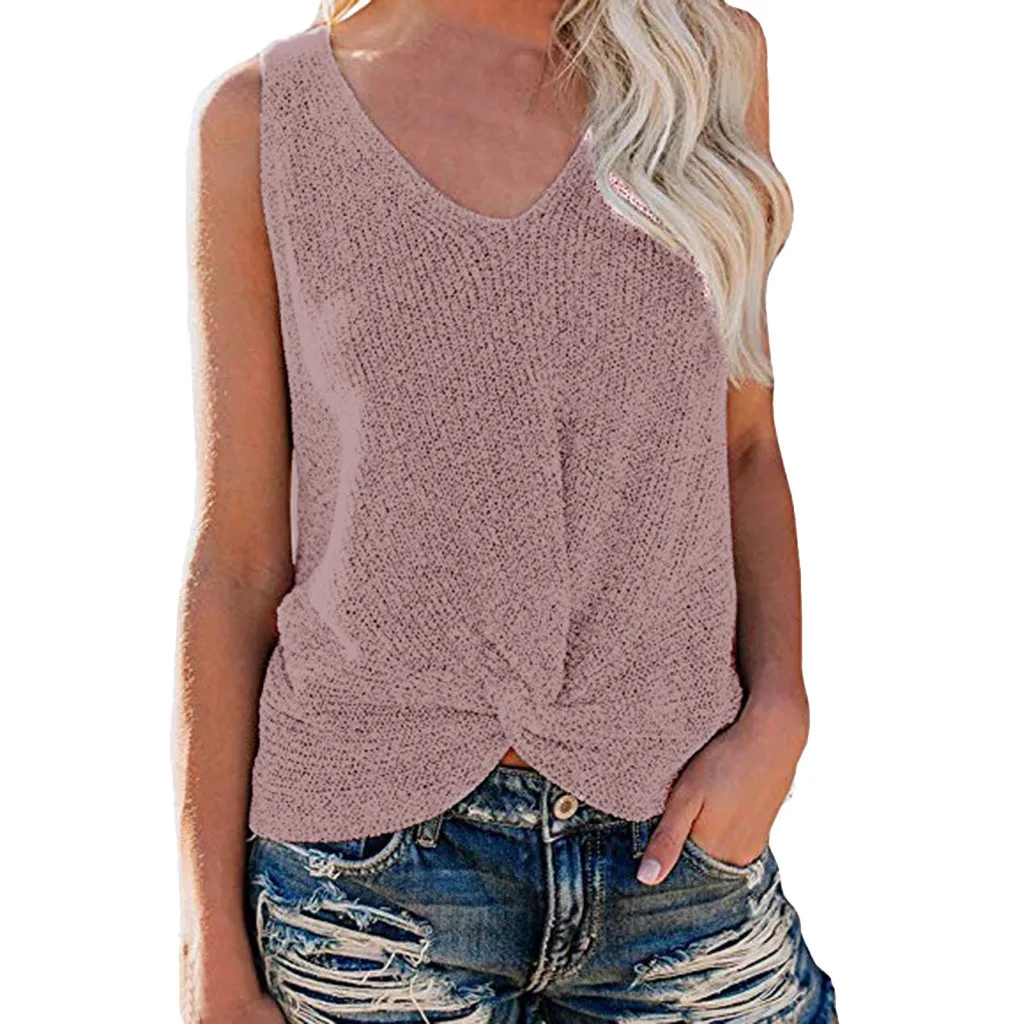 

New Women T Shirt V Neck Sleeveless Sweater Knot Casual Loose Knit Tops Tees Summer Style Female T-Shirt