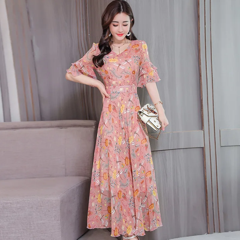 Butterfly Sleeve Maxi Dress High Waist Floral Pattern Dresses Sweet ...