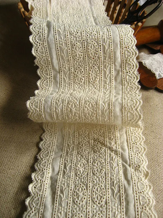 

ivory lace trim antique , embroidered cotton lace fabric, vintage lace fabric, hollowed trim
