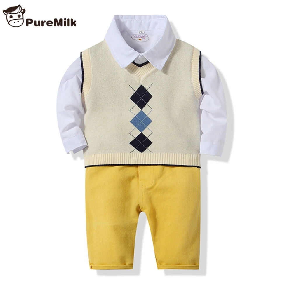 

PureMilk Boys Clothes White Shirt + Knit Vest+ Yellow Casual Pant Kids Clothes 3PCS Boys Clothing Set