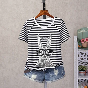 

2019 New Summer Fashion O Neck Loose Women Tops Sequins Rabbit Striped Short Sleeve T-shirts Large Size Female Tees for Students