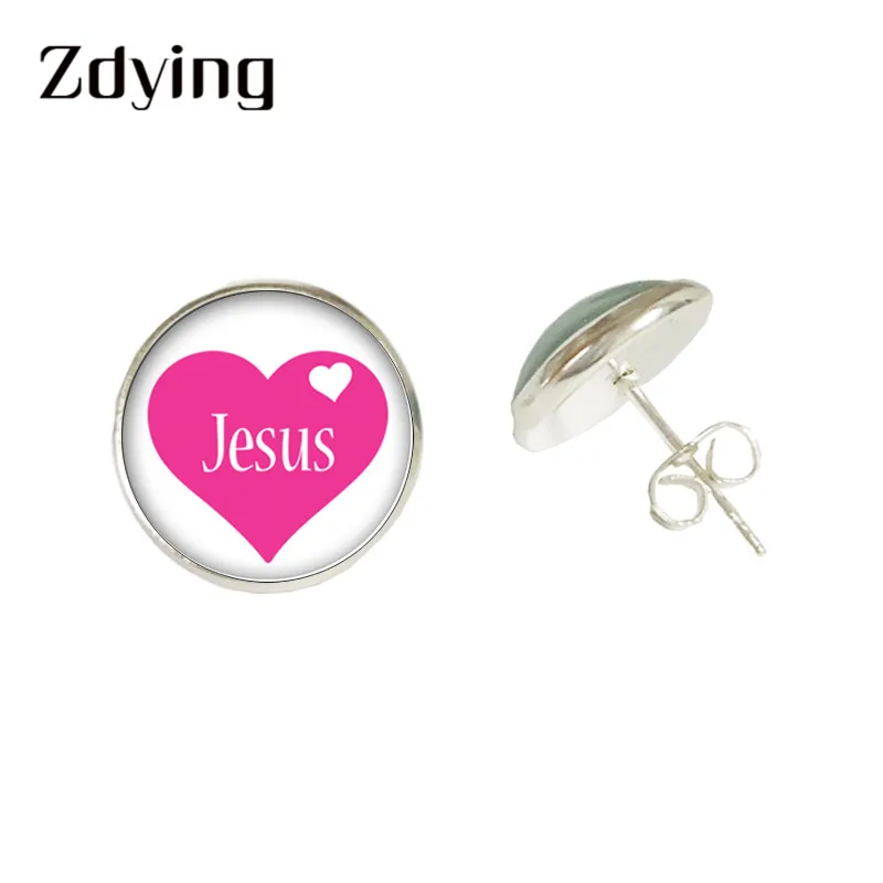 ZDYING Peace Love Jesus серьги-гвоздики I Love Jesus стекло, кабошон купольные серьги-гвоздики 3 цвета металлические украшения JU021 - Окраска металла: JU014
