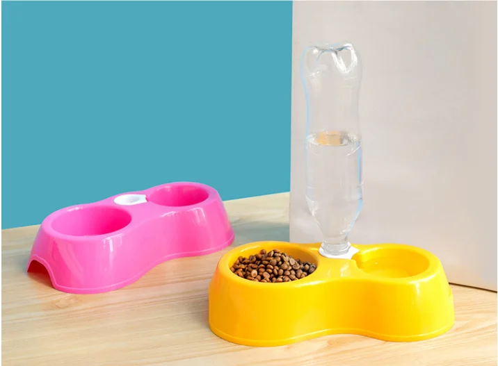 1Pcs Pet Dog Cat Feeder Plastic Dual Port Automatic Feeder Water Drinking Feeding Basin Bowls For Cats Pet Dogs Pet Supplie ZXH