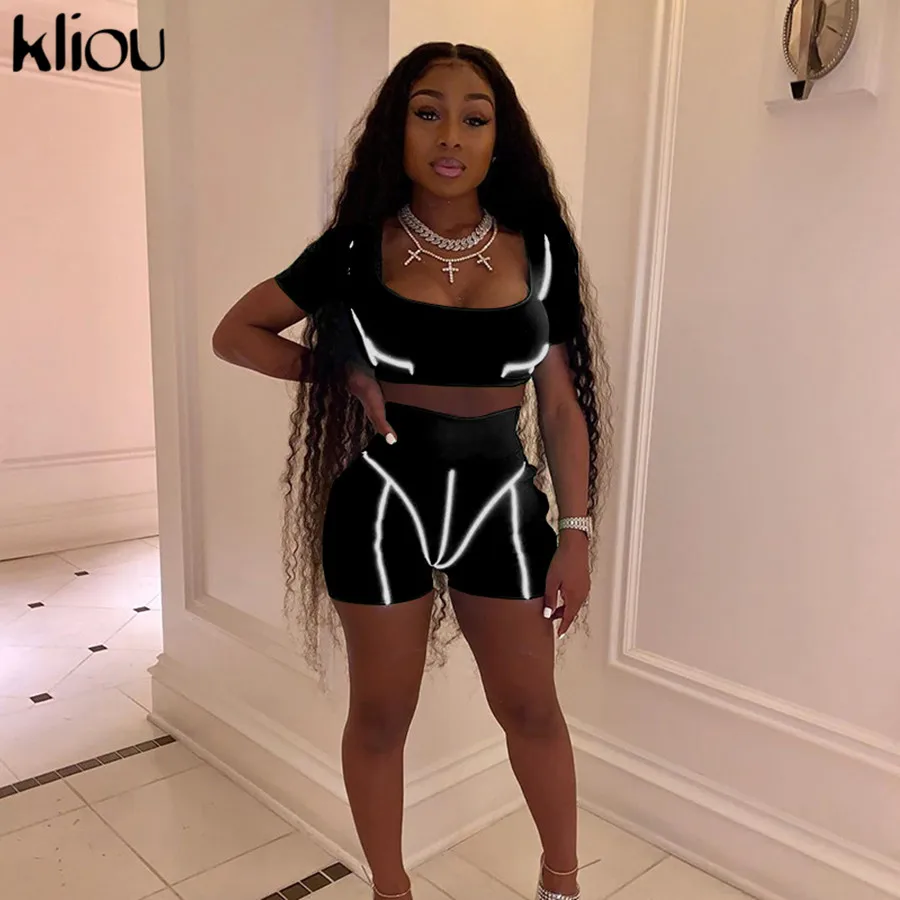 Kliou women Reflective two pieces set 2019 summer short sleeve strapless crop top Reflective striped patchwork shorts outfits