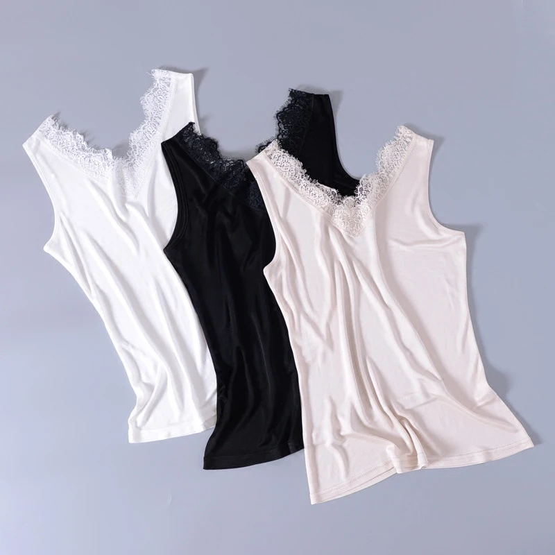 

Camis Women Tank Tops 100% Silk Knitted Elastic Fabric Solid 3 Colors Simple Design High Comfort Top Casual Basic Clothing