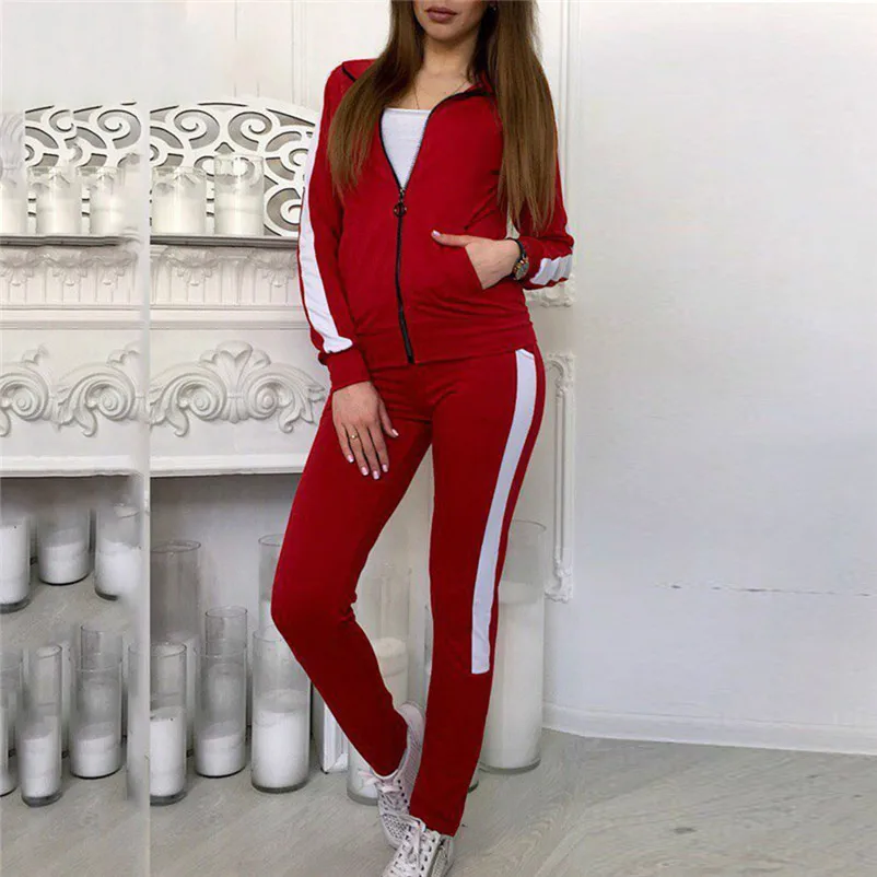 

Fashion tracksuit for women 2019 women's Casual Stripe Long Sleeve Zipper Pullove Sport Tops+Long Pants Set chandal mujer N30