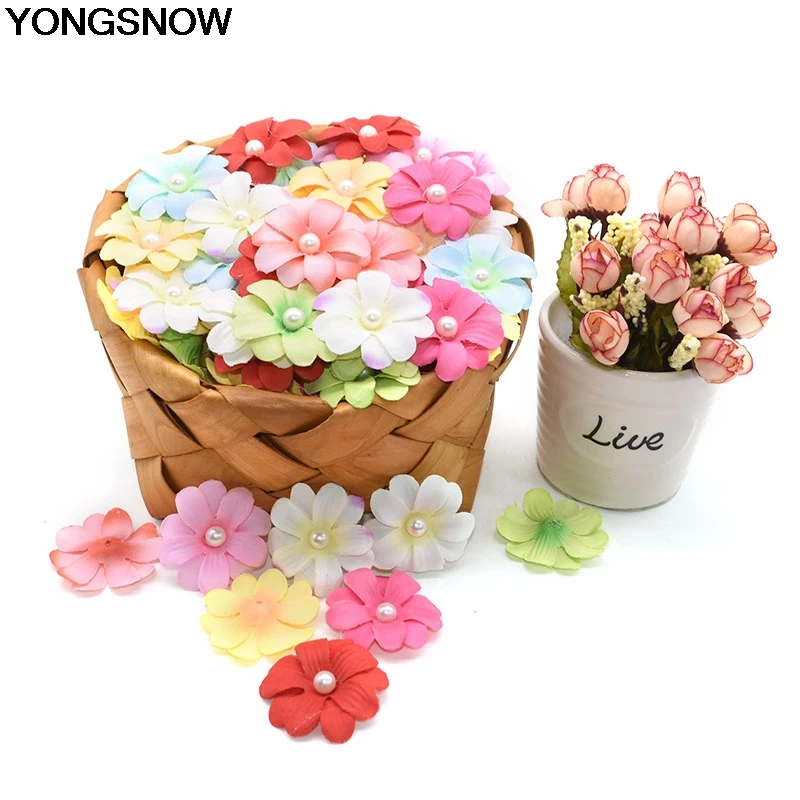 

20/50pc 4.5cm Artificial Flower Head With Pearl Sewing Silk Flower DIY Wedding Dress Cloth Accessories DIY Wreath Craft Supplies