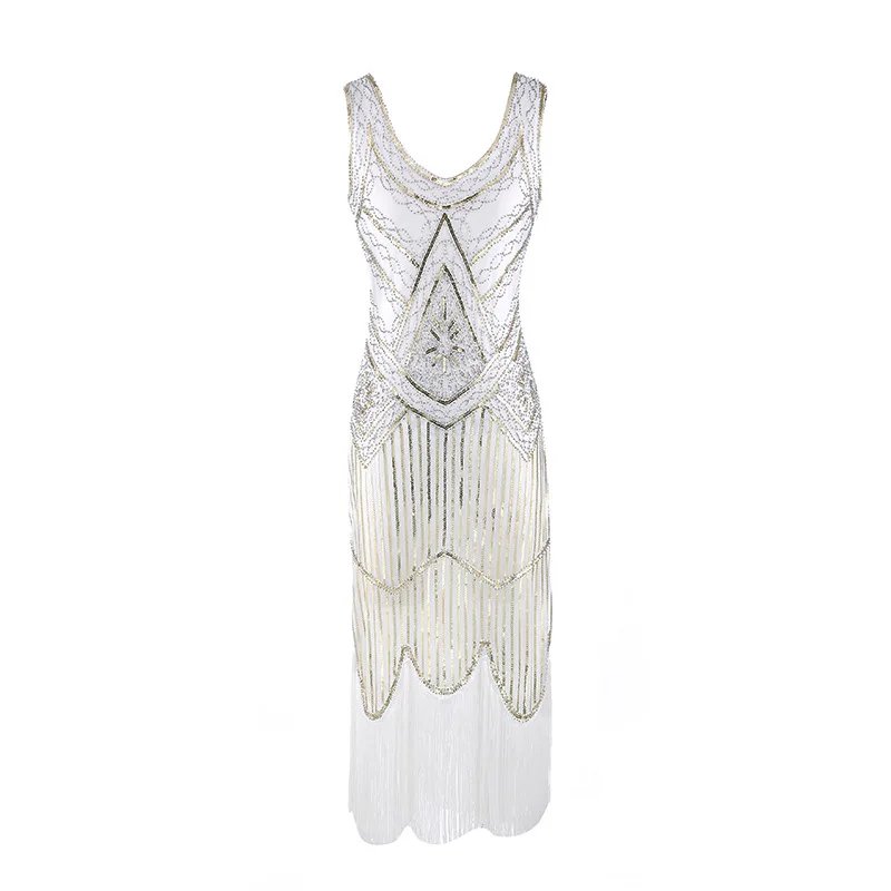 

1920s Gatsby Charleston Sequin White Bead Fringe Flapper Dress Vestido Robe Double V-Neck Sleeveless Tiered Tassel Party Dress