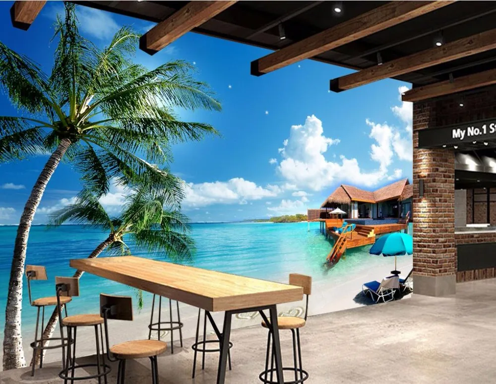 Us 1535 45 Off3d Wallpaper Picture Blue Sky The Sea Beach Hut Room Decor Painting Custom Mural Photo 3d Wall Murals Wallpaper For Walls 3 D In